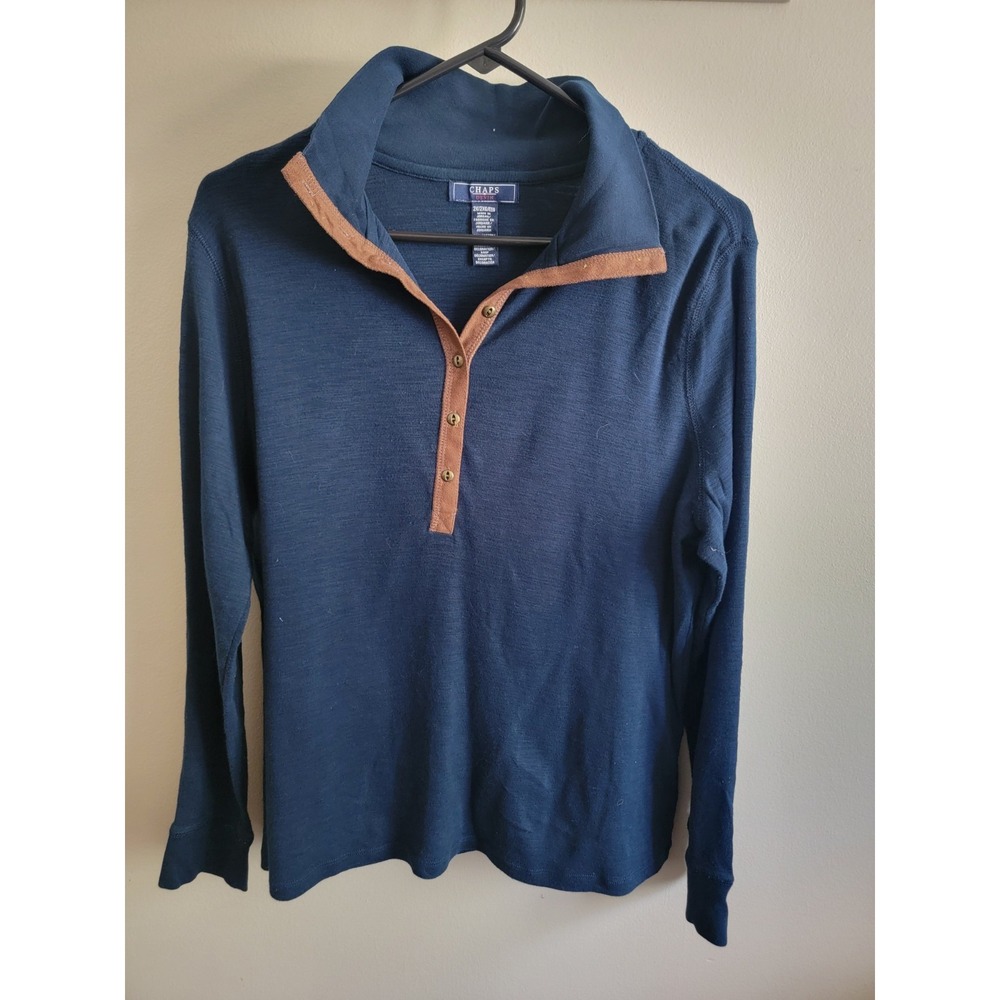 Chaps Women's 2XL Suede Detail V Neck Top Navy Brown Classic Casual Collared EUC